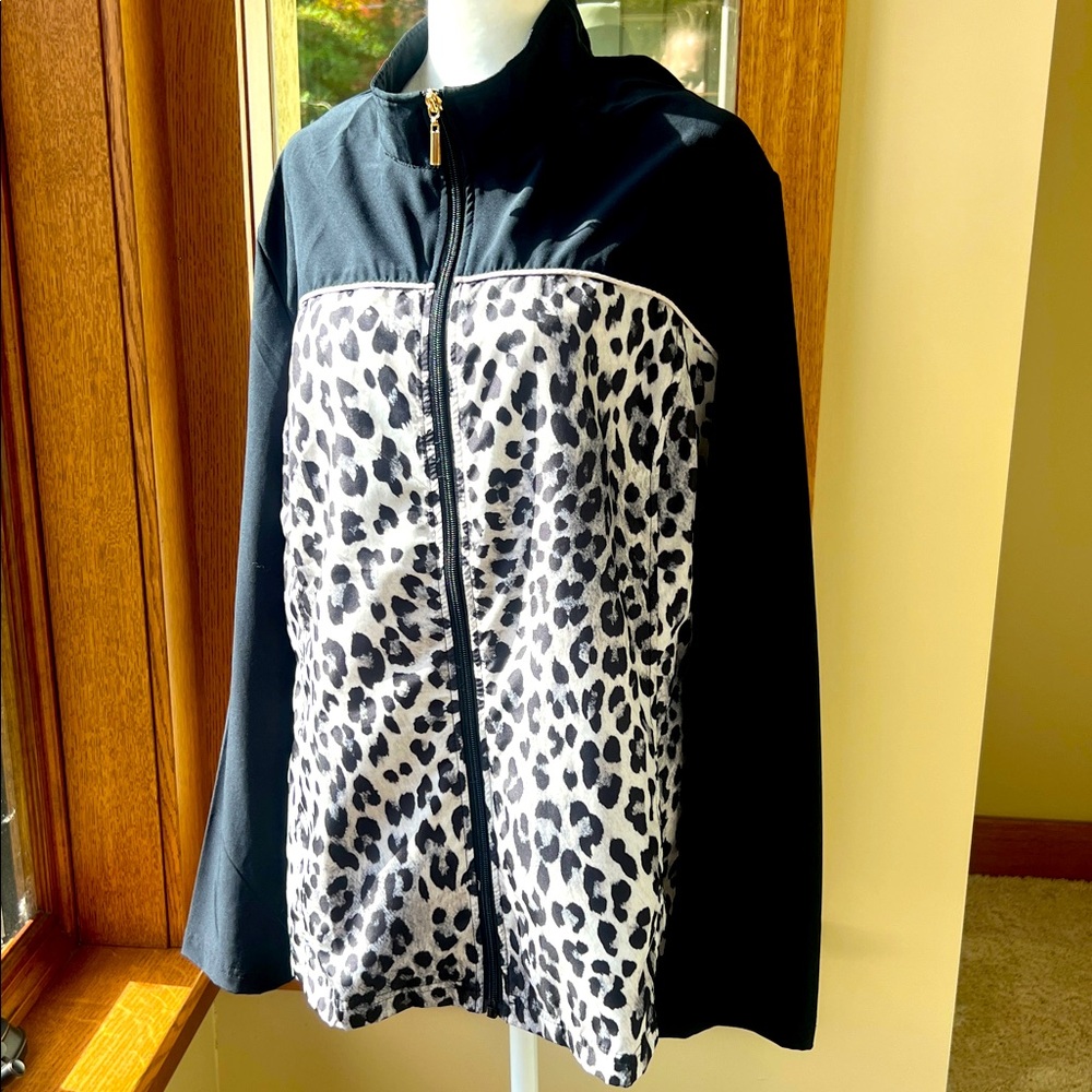 Black Leopard Print Zip-Up Jacket Windbreaker 🐆 🖤 Piping Detail Size 2X 🖤🐆